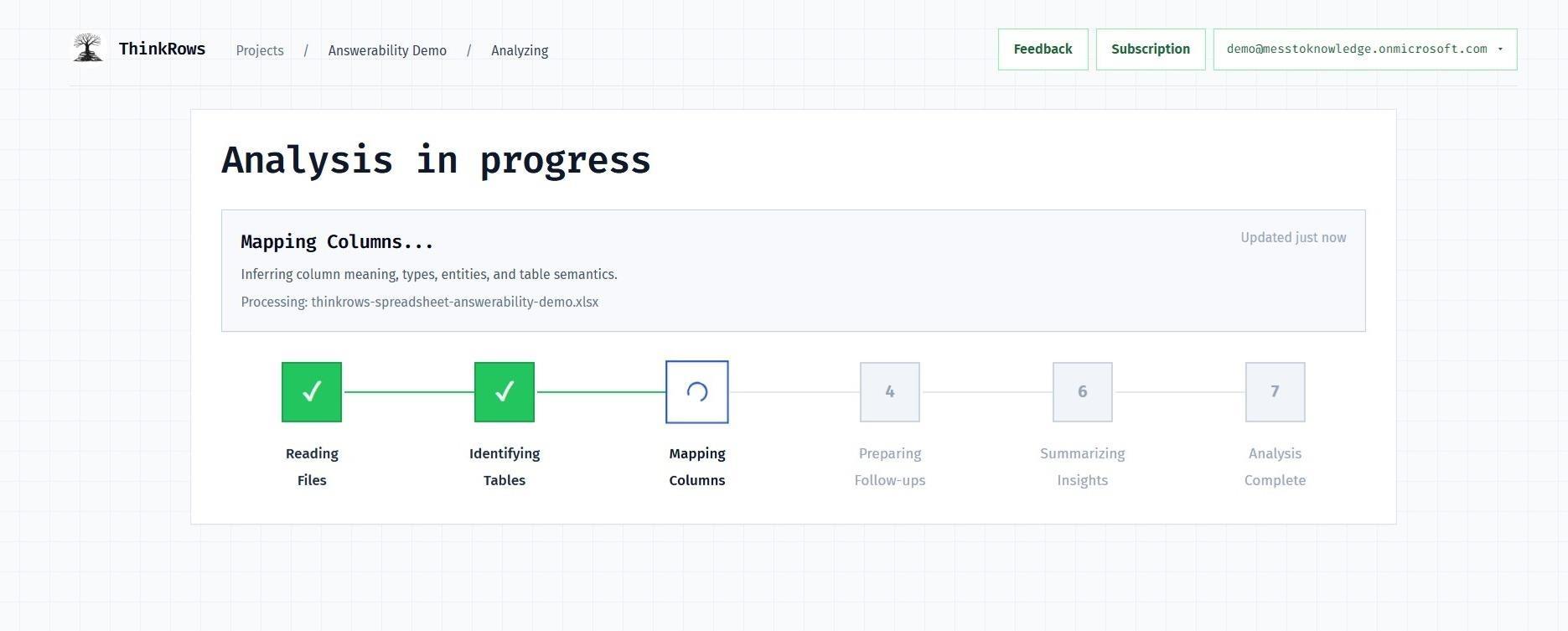 ThinkRows analysis progress screen showing the file reading, table identification, and column mapping pipeline.