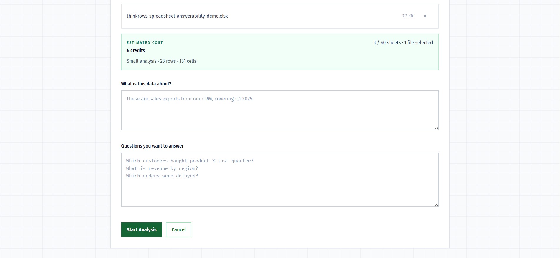 ThinkRows setup screen with the answerability workbook, business context, and questions the team wants to answer.