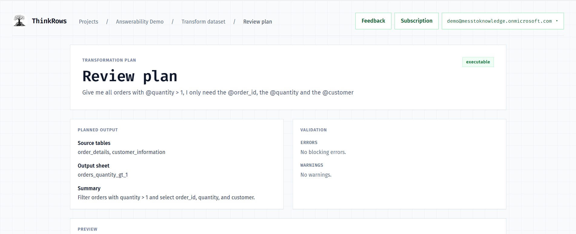 ThinkRows transformation plan screen showing source tables and no blocking validation errors.