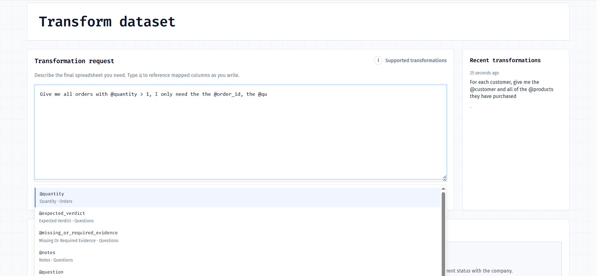 ThinkRows transformation request screen with column autocomplete for quantity and related fields.