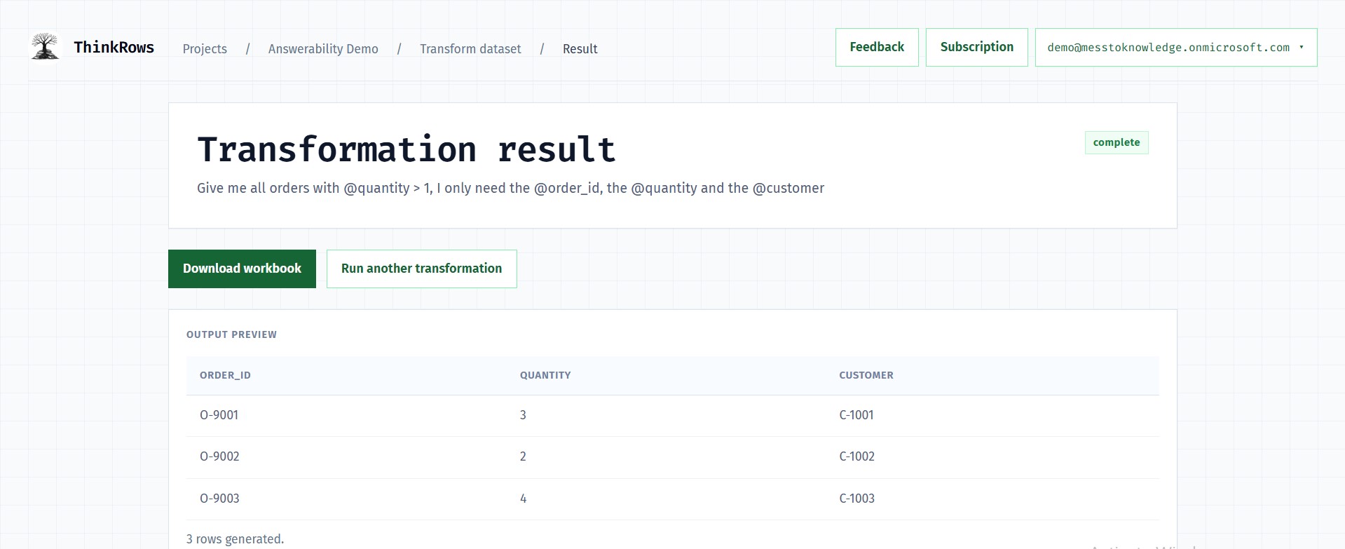 ThinkRows transformation result screen showing the completed output preview and download action.