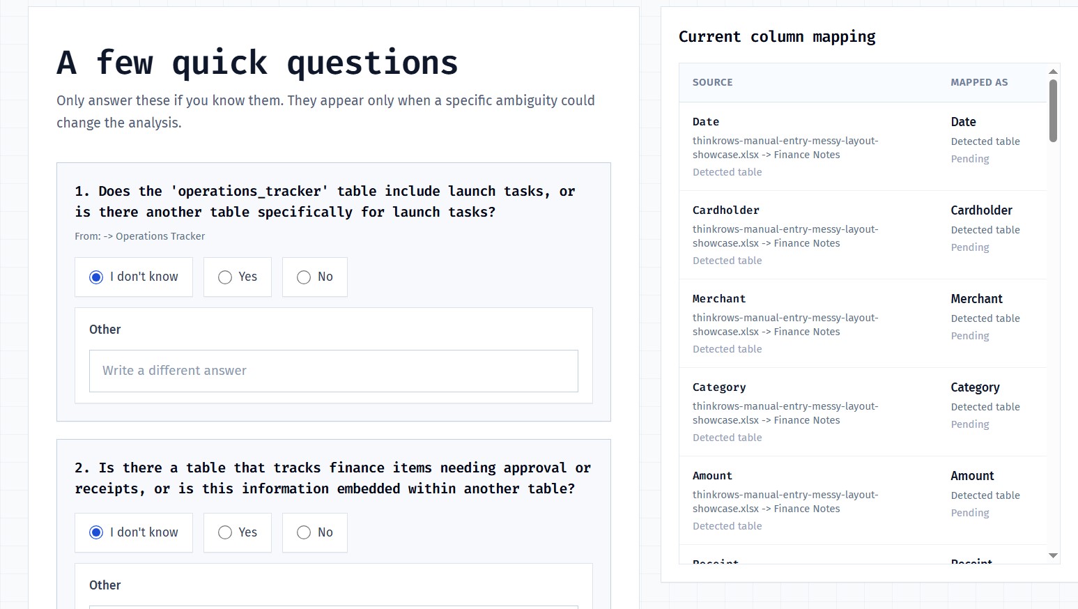 ThinkRows clarification screen for the manual-entry workbook showing targeted questions before final analysis.