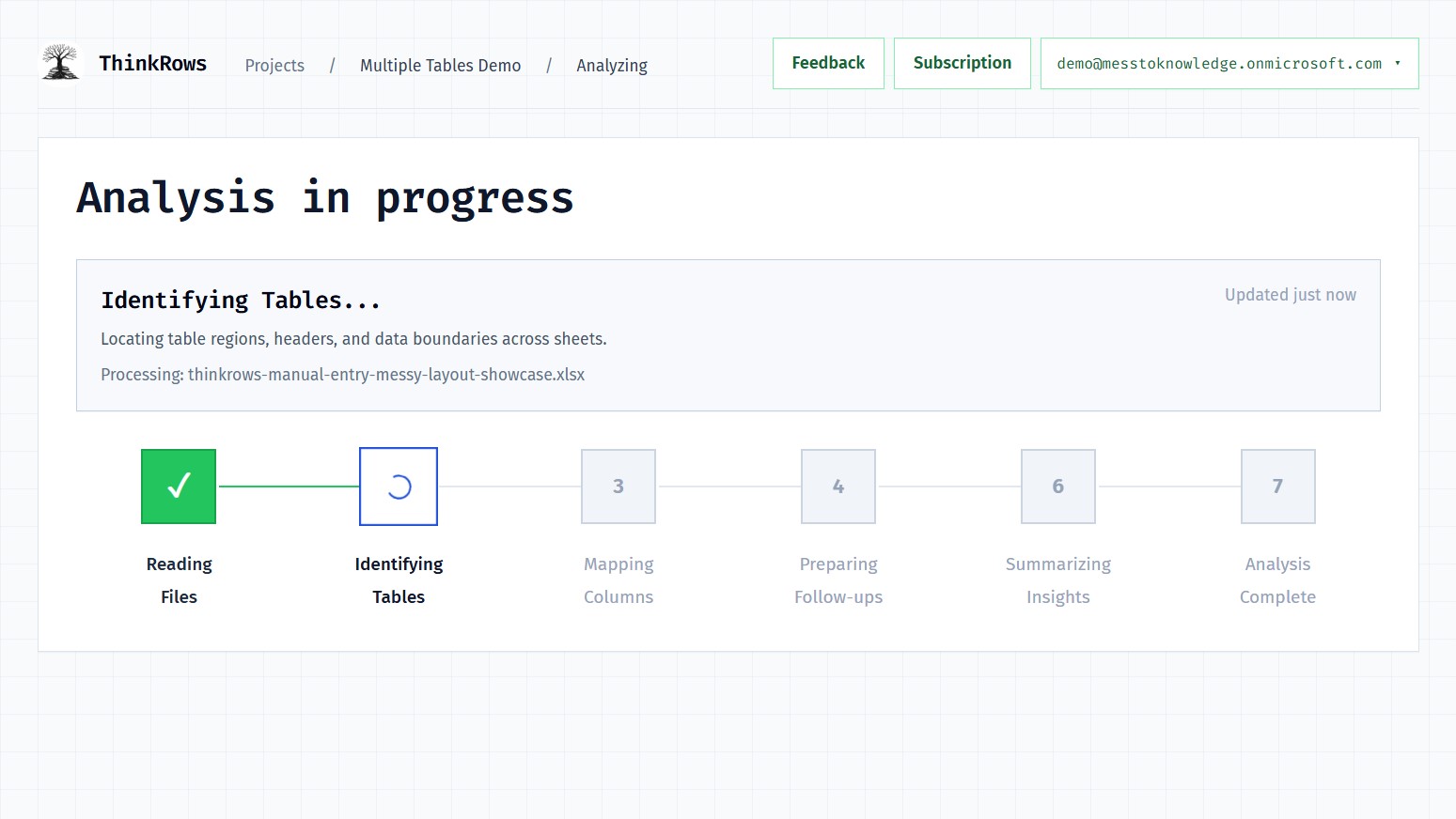ThinkRows analysis progress screen while the manual-entry workbook is being segmented into table blocks.