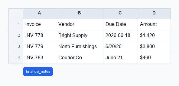 Screenshot of the actual ThinkRows Invoice approvals Excel output for the Manual Entry Workbook Rescue Demo demo.