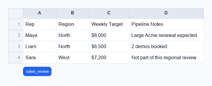 Screenshot of the actual ThinkRows Rep targets Excel output for the Manual Entry Workbook Rescue Demo demo.